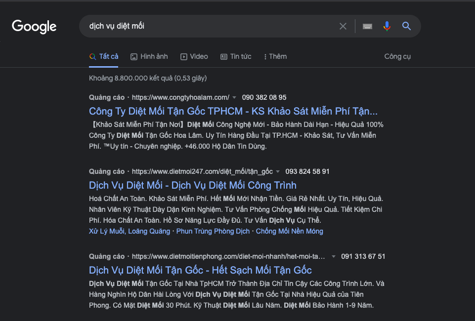 Các quảng cáo trả tiền tuân thủ tốt các thuật toán của Google thường được hiển thị ở đầu trang tìm kiếm 