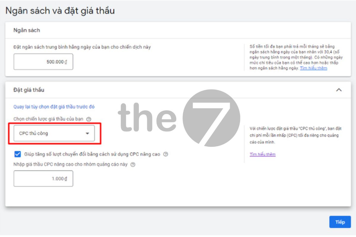 Thiết lập giá thầu thủ công cho mỗi lượt nhấp ứng với mục tiêu quảng cáo