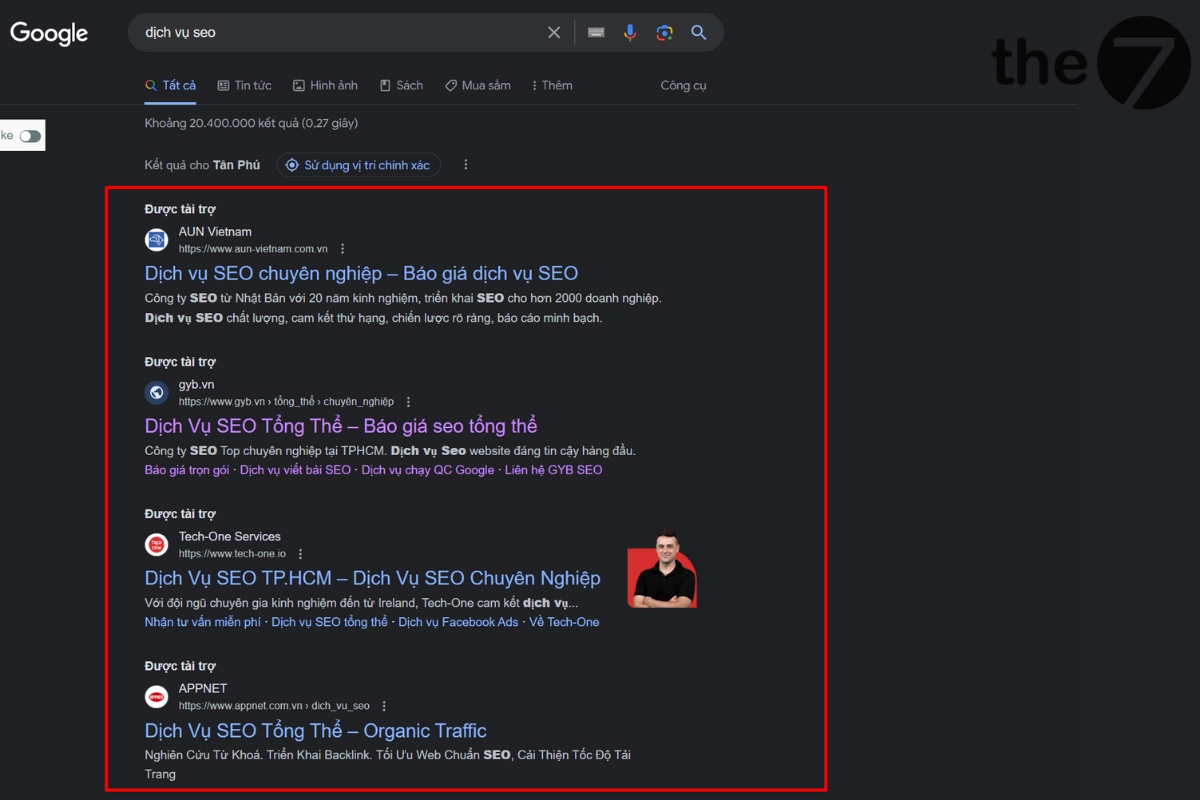 Danh sách quảng cáo trên Google gồm 4 vị trí đầu trang