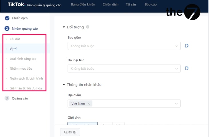 Chọn vị trí hiển thị quảng cáo