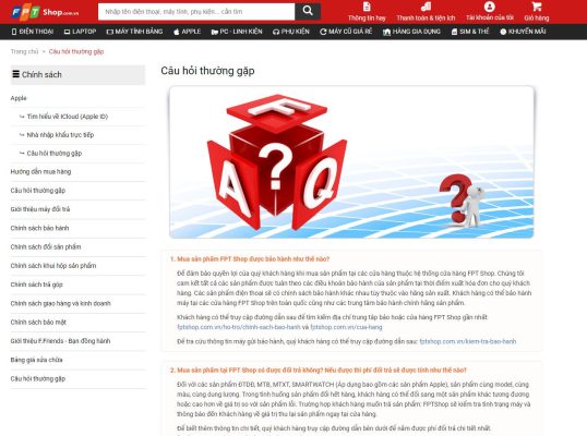 Trang hỗ trợ khách hàng của FPT Shop