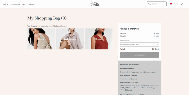 Trang giỏ hàng của Love Bonito