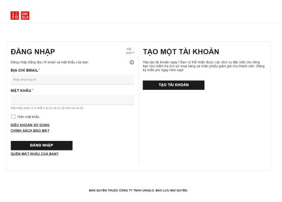 Trang đăng nhập của Uniqlo