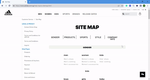 Trang sơ đồ Website của Adidas