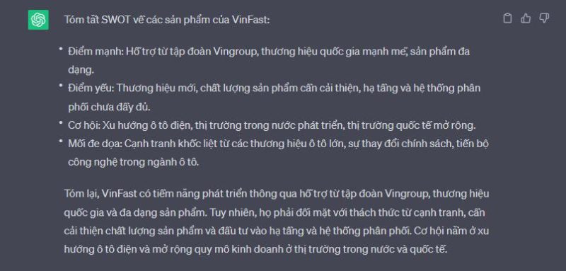 Ví dụ SWOT về các sản phẩm của VinFast