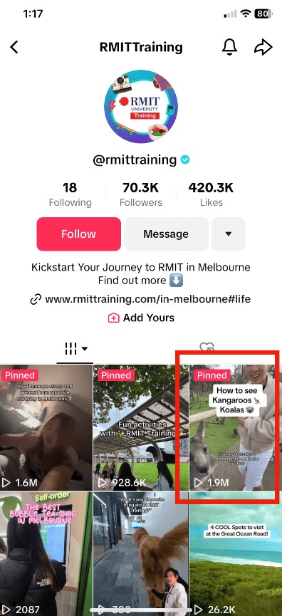 Ví dụ về Tiktok của RMIT Training