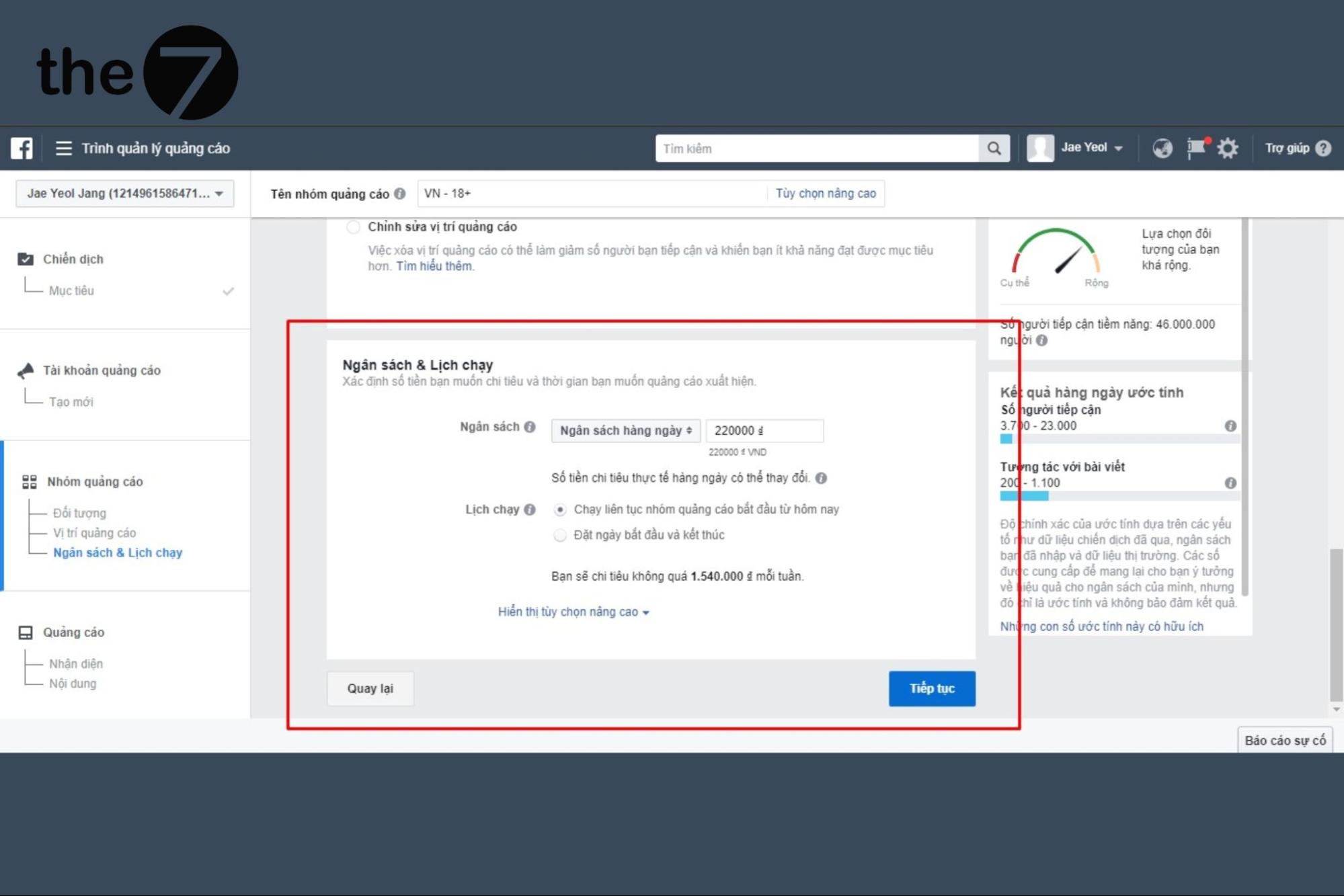 Vào mục cài đặt Ngân Sách và Lịch Chạy để tùy chỉnh giá đặt thầu