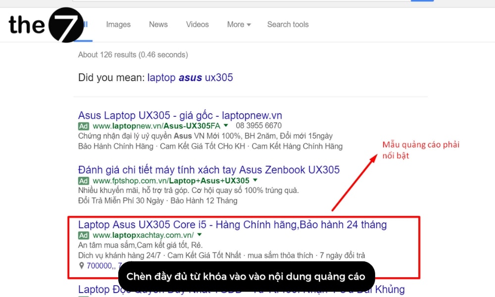 Chèn đầy đủ từ khóa vào nội dung quảng cáo giúp tăng tỉ lệ nhấp chuột của khách hàng