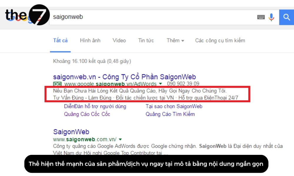 Nội dung quảng cáo ngắn gọn, thể hiện thế mạnh của sản phẩm ngay tại mô tả