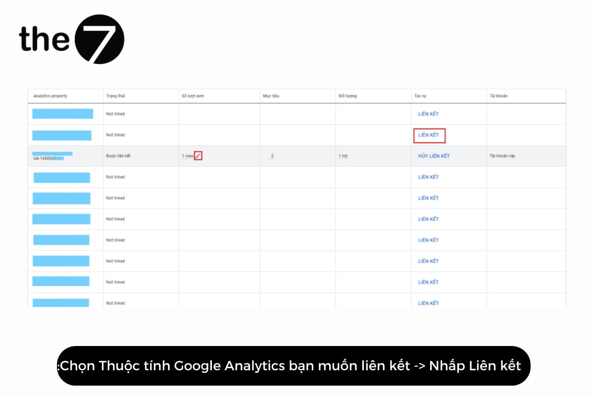 Chọn thuộc tính Google Analytics bạn muốn liên kết và nhấp “Liên kết”