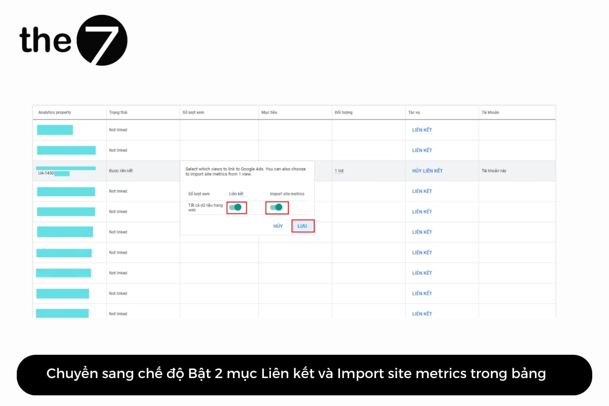Chuyển sang trạng thái Bật cho 2 mục “ Liên kết” và “Import site metrics”