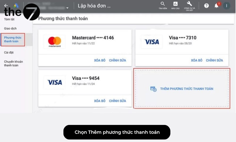 Click vào mục thêm thẻ tín dụng hoặc thẻ ghi nợ
