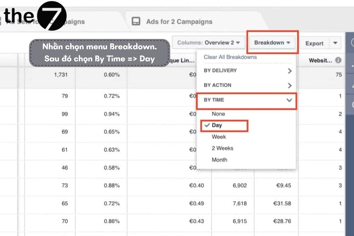 chọn “By Day” để check lại các thông tin hoạt động quảng cáo theo ngày
