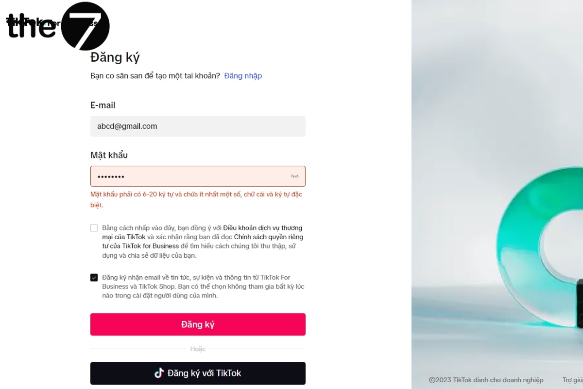 Khi điền mật khẩu không đúng theo yêu cầu, bạn sẽ không thể tạo tài khoản quảng cáo
