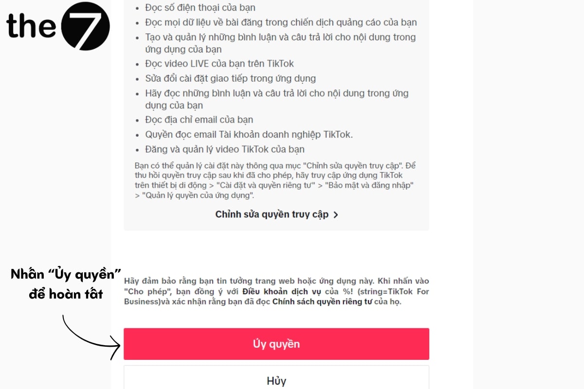 Hệ thống sẽ yêu cầu bạn ủy quyền cho phép TikTok For Business truy cập vào tài khoản