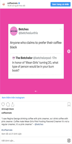 Bài đăng trên Instagram của Coffee Mate
