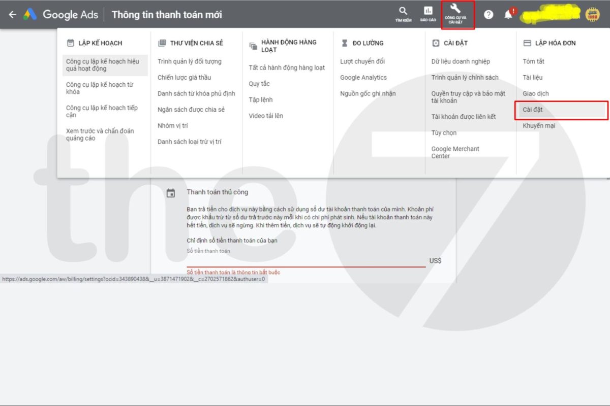 Chọn phương thức thanh toán Google Ads