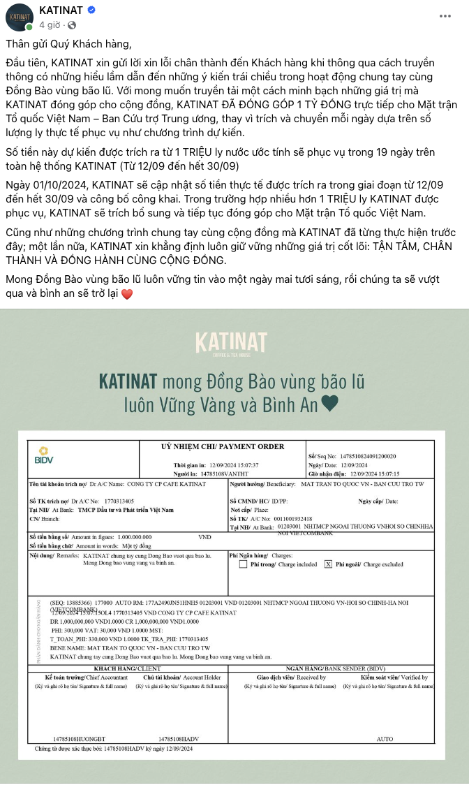 Bài đăng xin lỗi đến cộng đồng mạng của Katinat. Nguồn Facebook KATINAT